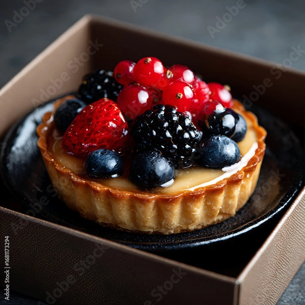 Fototapeta Exquisite fresh berry tart, topped with blueberries, raspberries, and redcurrants, presented in an elegant brown gift box.
