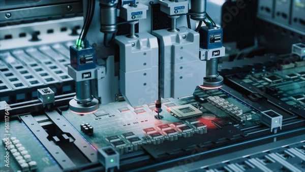 Obraz Robotic Arms Precisely Place Microchips on Circuit Boards, Showcasing Advanced Automation and Accuracy in Electronic Manufacturing Within a State-of-the-art Facility.