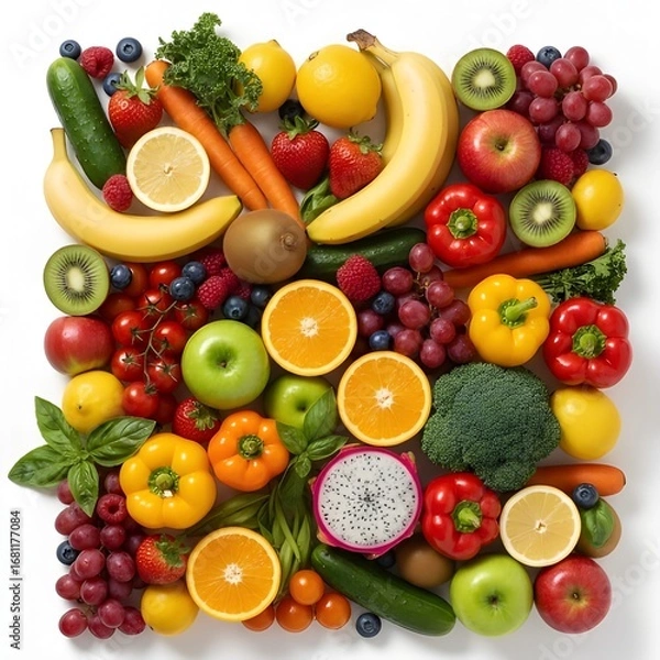 Fototapeta Assortment of Fresh Fruits and Vegetables on White Background
