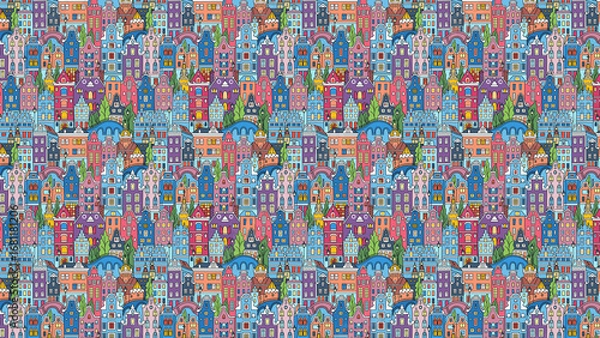 Fototapeta Colorful amsterdam city buildings pattern background, dutch architecture illustration design