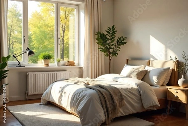 Fototapeta A serene bedroom, sunlight streaming through the window, highlighting cozy textiles and calming decor; reflecting a peaceful and tranquil lifestyle , bedroom, texture, wellbeing