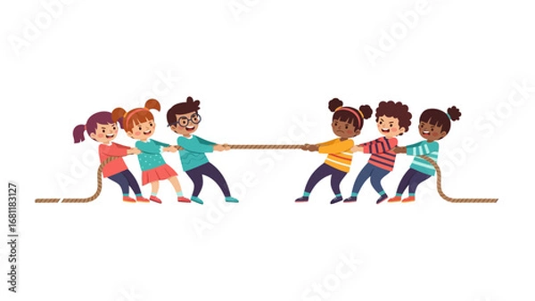 Fototapeta Kids Tug-of-War: A vibrant illustration captures children in a tug-of-war competition, exuding teamwork and playful energy in a colorful display.