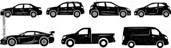 Obraz sketched Car silhouette icon set, front and side view, vehicle shape design, automobile vector collection, transportation illustration, black car outline graphics