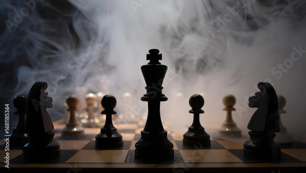 Fototapeta Dramatic chess scene with smoke, highlighting the strategic battle between the black and white pieces on the chessboard