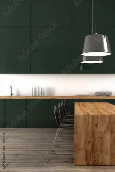 Fototapeta Modern kitchen interior design featuring dark green cabinets and a wooden island with pendant lights