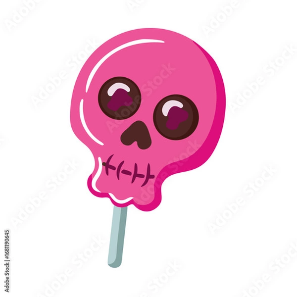 Fototapeta Whimsical pink skull shaped lollipop with dark chocolate eyes and stitched mouth isolated on transparent background