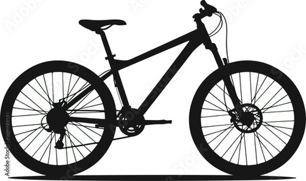 Fototapeta Bicycle: A simple black silhouette of a modern mountain bicycle, highlighting its clean, minimalist form and athletic design.