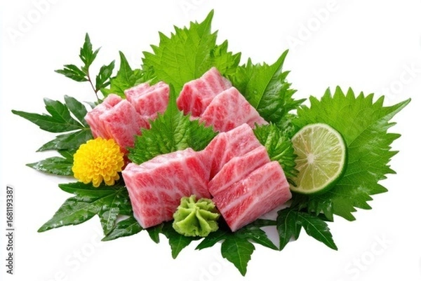 Fototapeta Fresh Tuna Sashimi Presentation Close Up Still Life on White Background with Lime Wasabi and Green Leaves