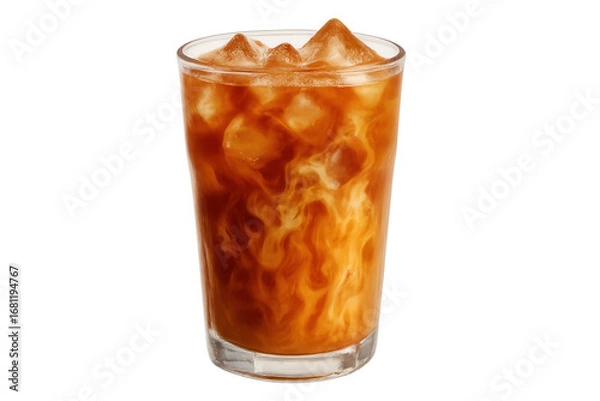 Fototapeta Chilled coffee glass swirling creamy milk, transparent background highlighting refreshing summer beverage composition