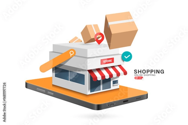 Fototapeta Parcel or cardboard box and pin indicating delivery location fly out of the online store or shop on smartphone app after customer confirms the order, vector 3d isolated for shopping online concept
