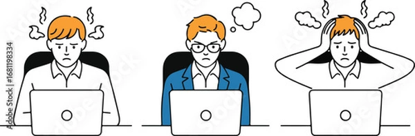 Fototapeta Minimalist line art illustration of three stressed office workers at laptops in a row, showing frustration and stress at workplace