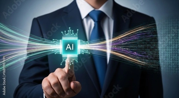Fototapeta AI Integration A Businessman's Touch on Artificial Intelligence for Streamlined Business Strategy