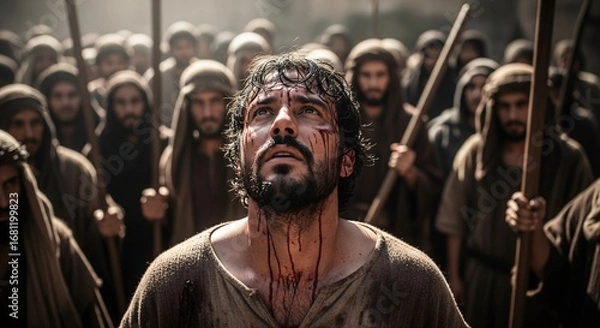 Fototapeta Man's Face in Crowd Looking Upward with Emotional Intensity Amidst Oppressive Presence