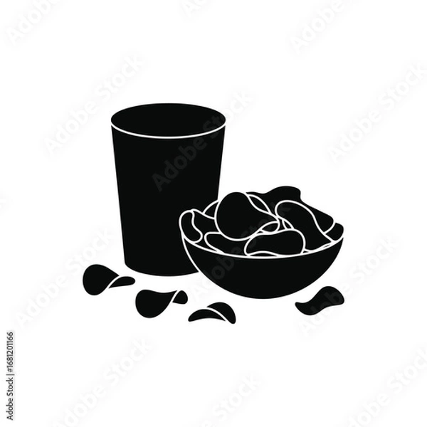 Fototapeta Simple black and white illustration of a glass of drink next to a bowl of potato chips