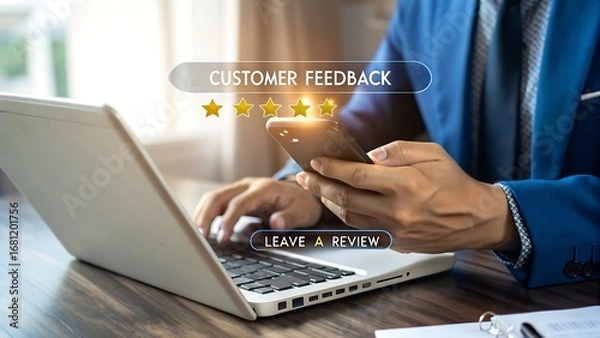 Fototapeta A businessman is checking customer feedback on his mobile phone while working on a laptop, with a customer feedback rating and a leave a review button displayed as a digital overlay