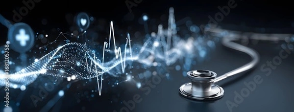Fototapeta Sleek Stethoscope with Dynamic Digital Heartbeat and Glowing Particle Stream in Modern Medical Concept.