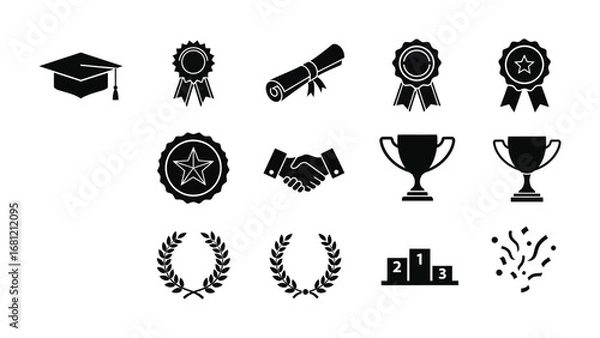 Fototapeta Achievement Icons: A curated collection of grayscale icons representing milestones, awards, and celebratory moments, suitable for academic, professional, and personal themes. 