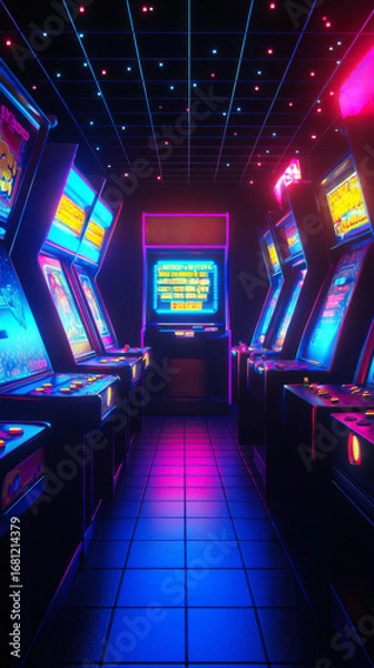 Fototapeta Neon-lit arcade featuring vintage gaming machines in a dark retro atmosphere during evening hours