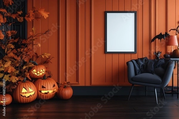 Fototapeta Spooky jack-o'-lanterns and autumn leaves create a festive Halloween scene with a modern armchair.