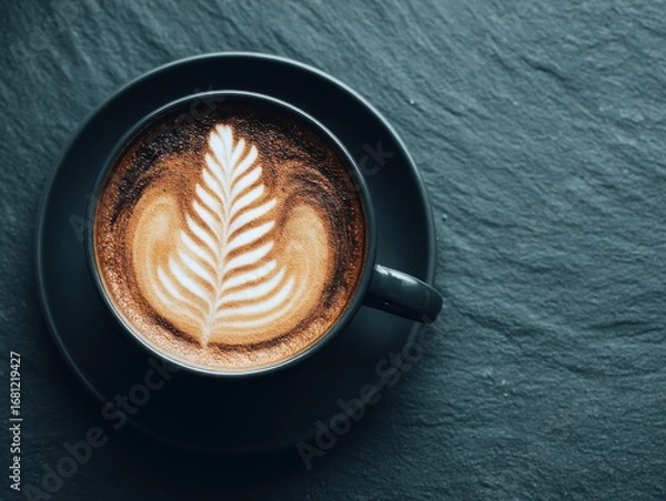 Fototapeta Latte art in black cup on slate surface top view coffee beverage drink cafe shop morning routine caffeine