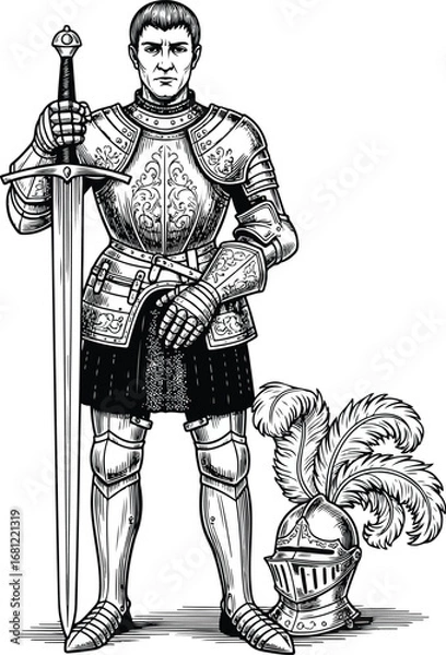 Fototapeta Knight: A detailed line art illustration of a medieval knight in full armor, holding a great sword with his helmet at his feet.
