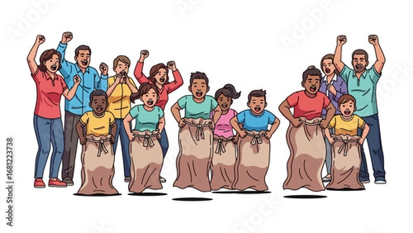 Fototapeta Sack Race Thrills and Cheers: A vibrant illustration captures the joyful essence of a sack race, where competitors hop with determination. Around them.