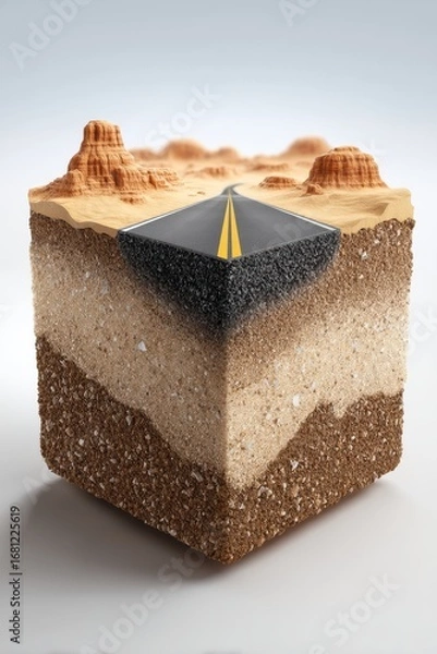 Fototapeta Desert Road Cross Section Revealing Geological Layers in a Cube Shape Studio Shot on White Background