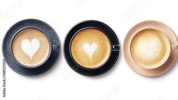 Fototapeta Three Cappuccino Cups with Latte Art Hearts Overhead Shot on White Background Coffee Break Concept