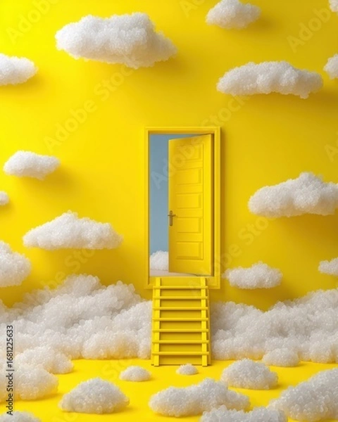 Fototapeta Dreamlike Doorway: Yellow Door Opens to Blue Sky with Clouds and Stairs, Studio Shot, Surreal Concept