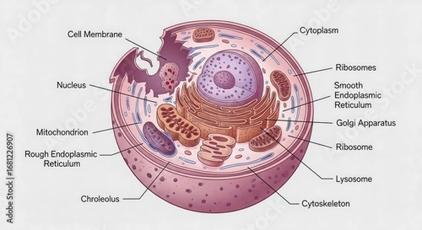 Fototapeta Scientific illustration of a eukaryotic cell structure, a detailed cross-section model displaying the internal organelles of an animal cell