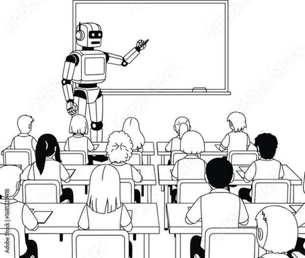 Fototapeta Robot: A minimalist illustration of a robot teaching students in a classroom, symbolizing future education and artificial intelligence.