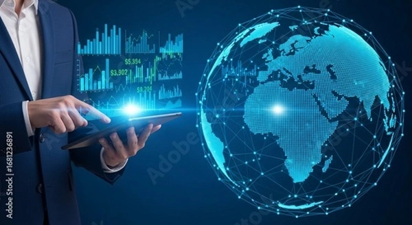Fototapeta Global business strategy analysis with digital technology and data visualization tools