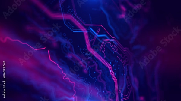 Obraz Purple, violet, blue neon background with digital integrated network technology. Printed circuit board. 3D illustration. Circuit board futuristic server code processing. PCB, Code, HTML.