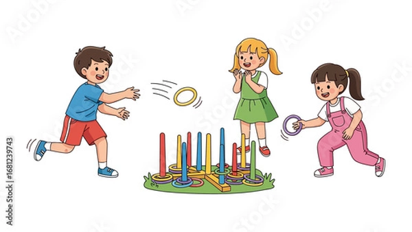 Fototapeta Ring Toss Game: Three playful children engaging in the classic ring toss game, demonstrating hand-eye coordination and joyful interaction. Capturing the delight and fun of childhood leisure.
