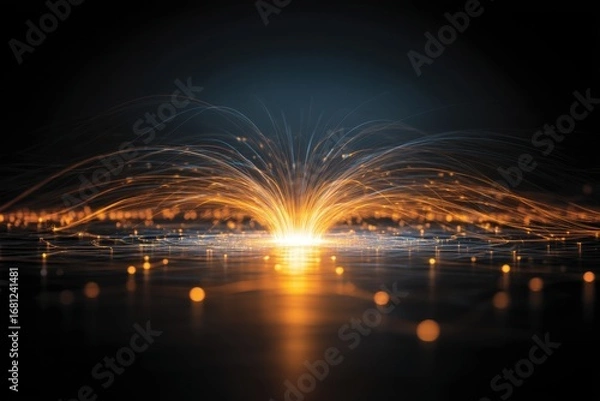 Fototapeta Abstract Light Burst Emanating on Dark Surface with Glowing Particles and Flowing Lines Close Up