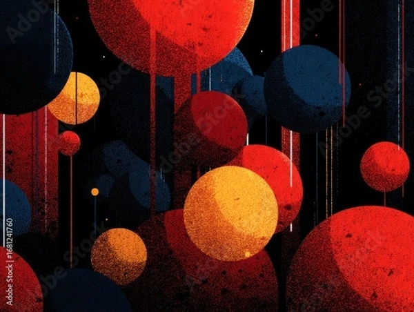 Fototapeta Abstract Spheres in Red Blue and Yellow with Vertical Lines on Black Background Graphic Design
