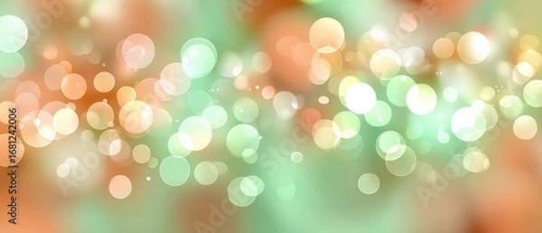 Fototapeta Abstract Blurred Background of Bokeh Lights in Green and Peach Tones Soft Focus Holiday Celebration Festive Atmosphere Defocused Effect