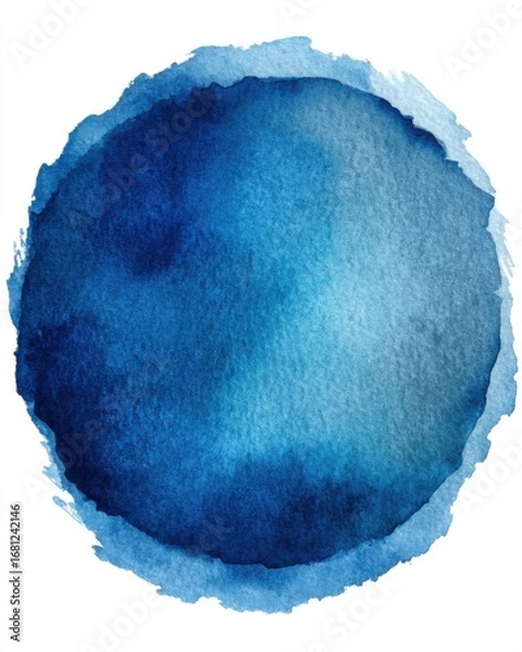 Fototapeta Abstract watercolor painting of a blue circle on white paper close up with textured edges and gradient wash effect in studio