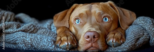 Fototapeta Close-up of adorable brown dog with captivating bright blue eyes, snuggled cozily under soft, chunky grey knitted blanket against dark background, showcasing warmth and comfort