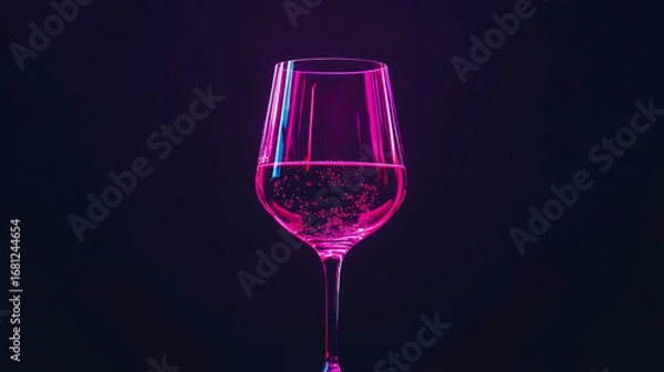 Fototapeta Mesmerizing neon pink bubbly drink in sleek wine glass, exquisitely lit to highlight its effervescence against chic, dark, minimalist backdrop.