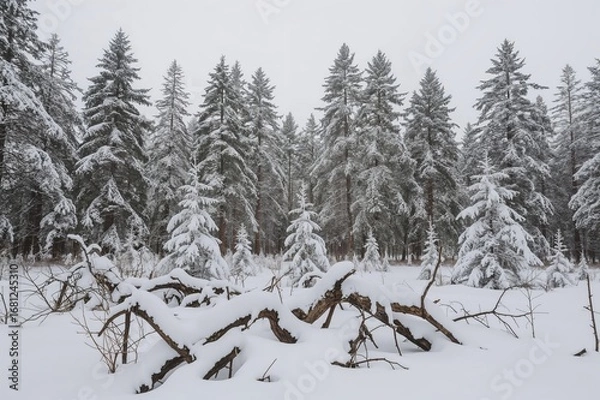 Fototapeta Snow-covered winter scene with hornbeam trees damaged in a deciduous forest
