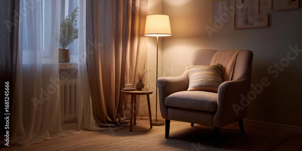Fototapeta Cozy armchair warm lighting floor lamp side table curtain window soft pillow