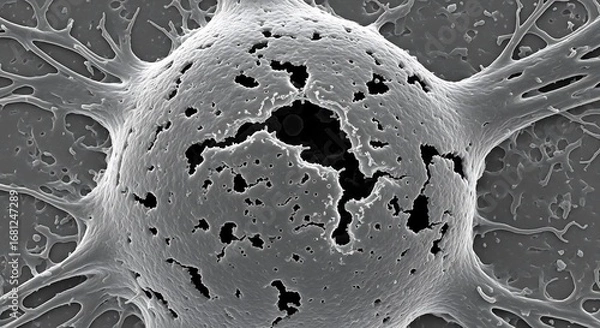 Fototapeta Scanning electron microscope image of a dying neuron, showing cellular damage and a porous membrane in a detailed scientific micrograph