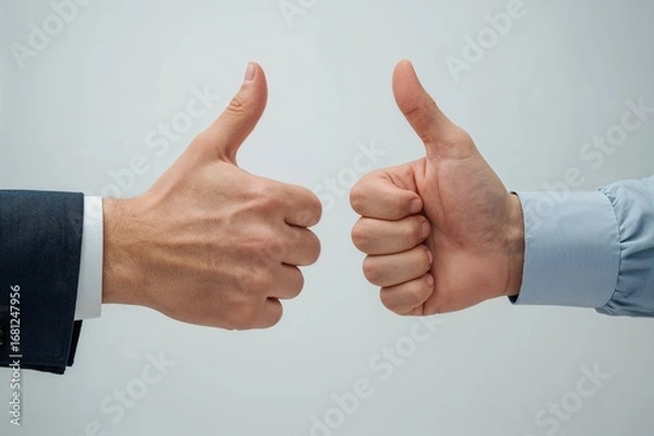 Fototapeta Two unclothed hands facing each other showing double thumbs up on a soft-focus backdrop, symbolizing agreement and respect.