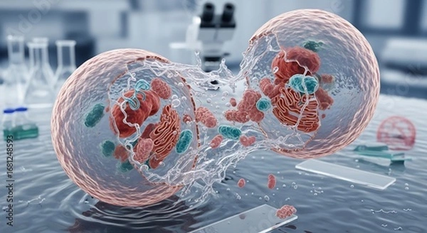 Fototapeta A detailed 3D illustration of cellular division in a futuristic science laboratory, showcasing the process of mitosis and scientific research