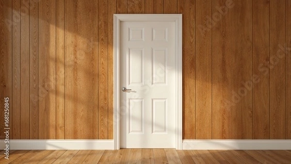 Fototapeta White door with paneling closed on rustic wooden wall, free space for writing. Retro-style interior architecture