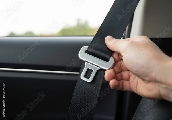 Obraz Close up of a hand buckling a seat belt before driving a car.
