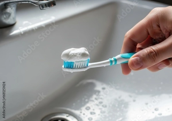 Obraz Close up of a hand holding a toothbrush with toothpaste over a sink.