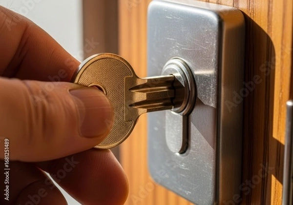 Obraz Close up of a hand inserting a key into a lock on a wooden door.