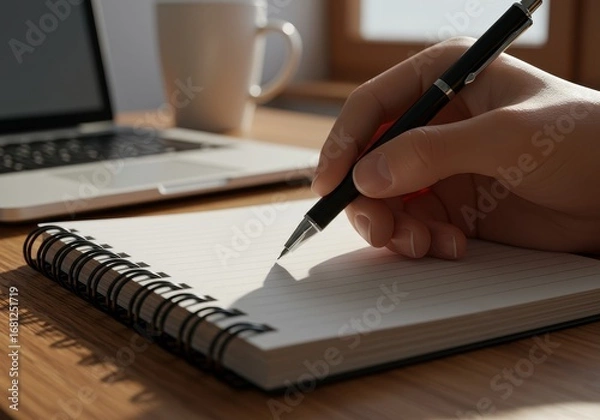 Obraz Close up of a hand writing notes in a spiral notebook on a wooden desk.